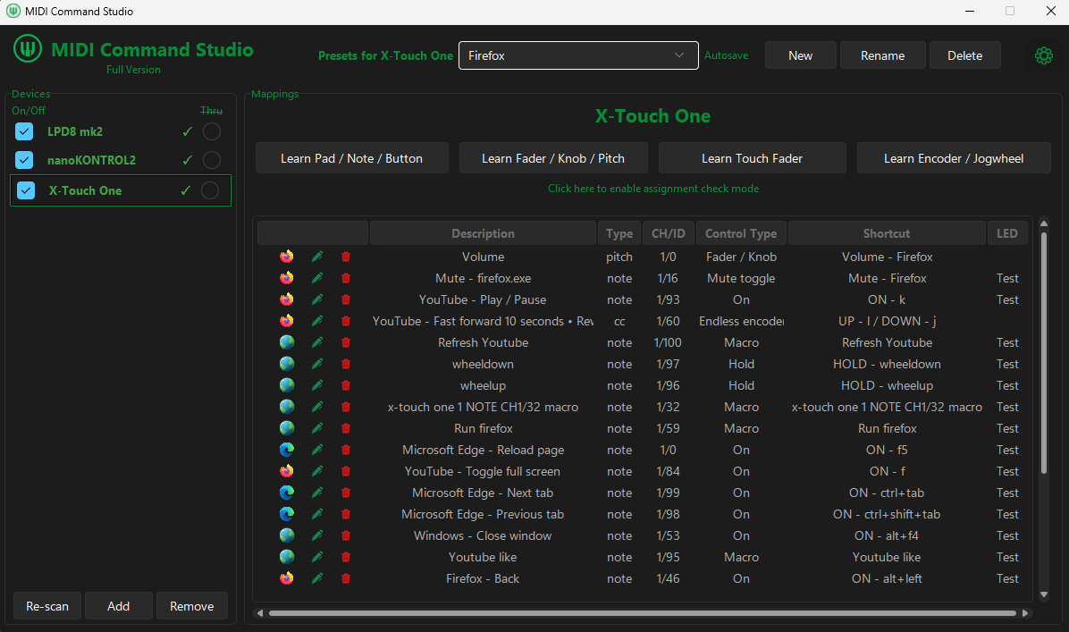 MIDI Command Studio main window showing connected MIDI devices, a Firefox preset, MIDI Learn controls and assigned mappings